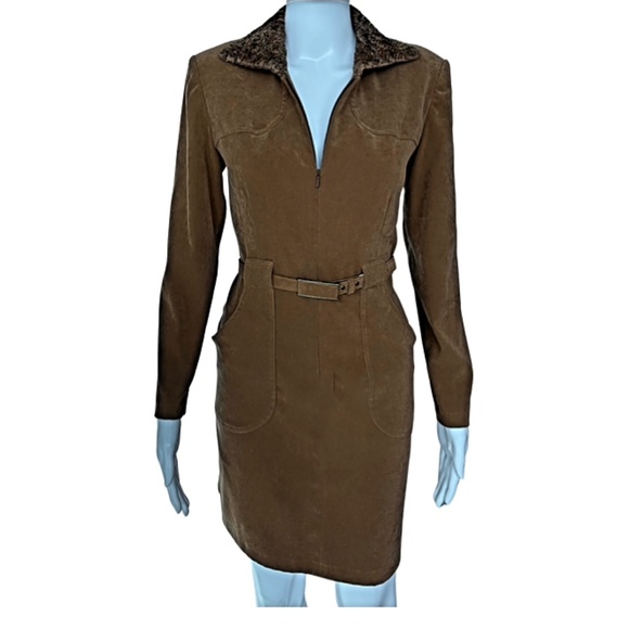 Liz Claiborne Petite Brown Faux Suede Retro Belted Mini Dress Size 6 - Picture 1 of 5